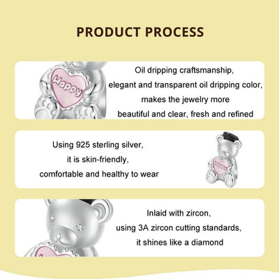 925 Sterling Silver Platinum Plated Happy Bear Heart Diy Beads
