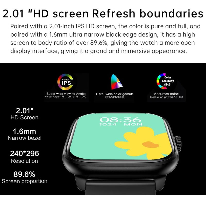 2.01 Inch Ips Hd Screen Smart Watch Supports Bluetooth Call / Health Monitoring Black