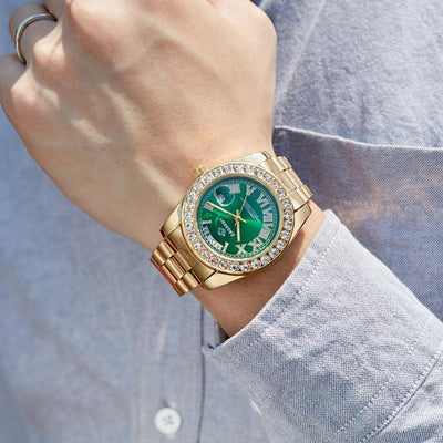 Men Quartz Watch with Diamond-encrusted Roman Numeral Dial - Gold Shell Green Dial