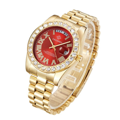 Men Quartz Watch with Diamond-encrusted Roman Numeral Dial - Gold Shell Green Dial