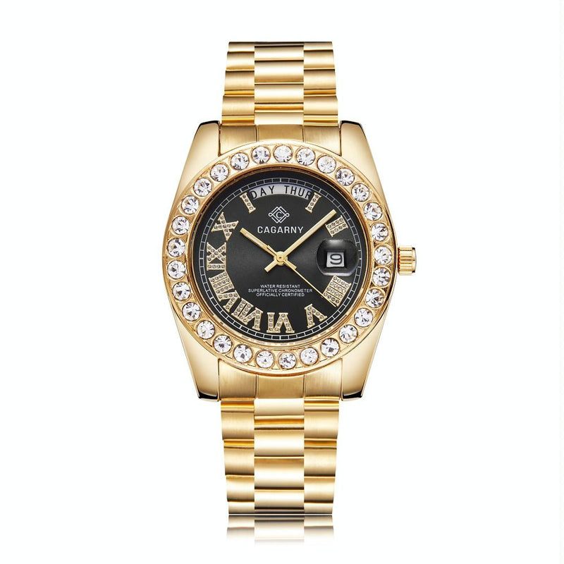 Men Quartz Watch with Diamond-encrusted Roman Numeral Dial - Gold Shell Green Dial