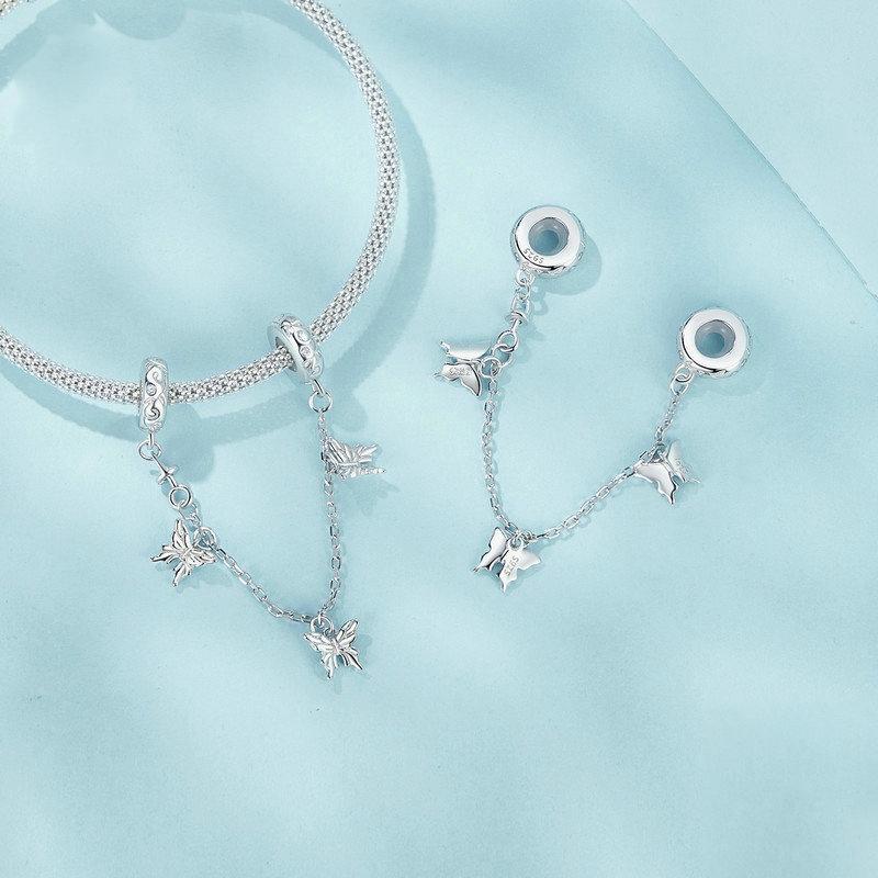 925 Sterling Silver Platinum Plated Butterfly Safety Chain Bracelet