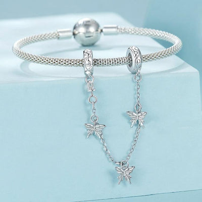 925 Sterling Silver Platinum Plated Butterfly Safety Chain Bracelet