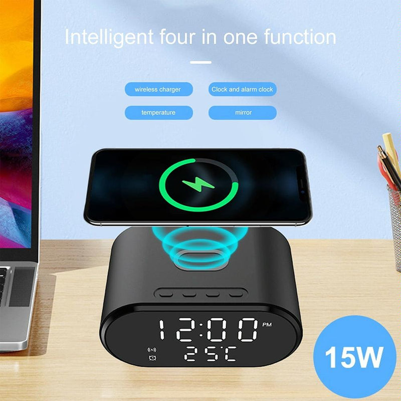 15W Wireless Charger With Mirror & Clock - Black