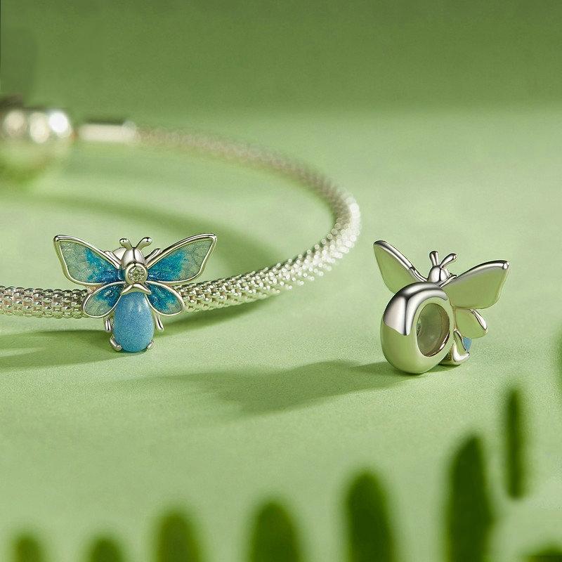 925 Sterling Silver Blue Luminous Zircon Bee Silicone Diy Beads