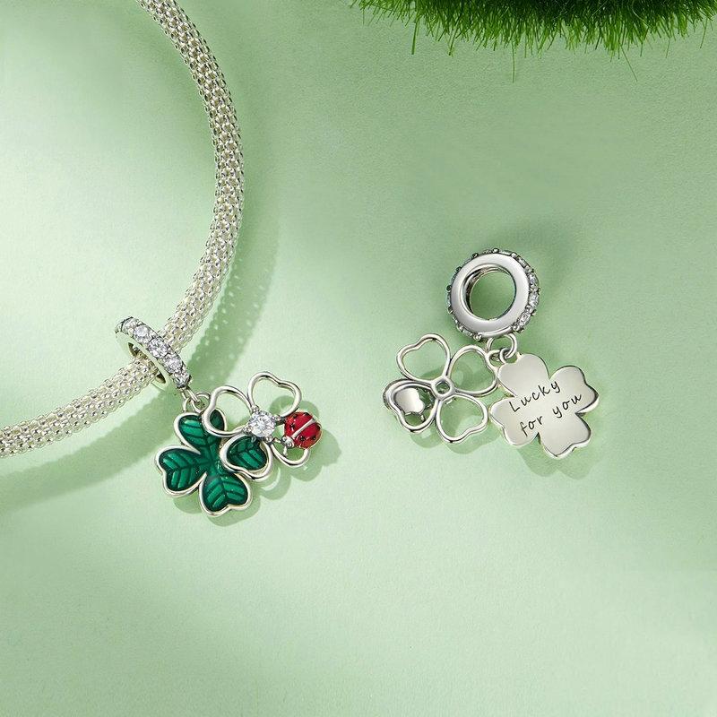 925 Sterling Silver Four Leaf Clover Ladybug Pendant In