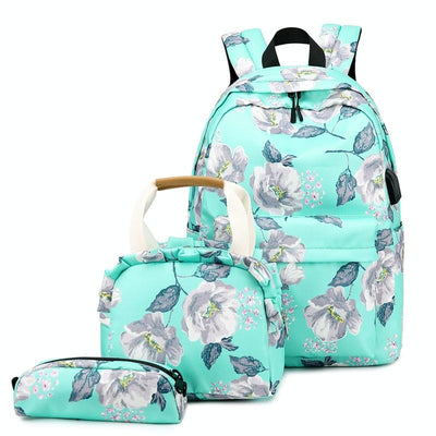 Small Fresh Printed Backpack Set - 3 Pieces for Students - Green