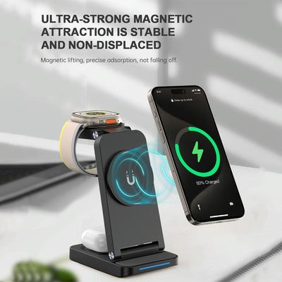 3 In 1 Magnetic Wireless Charger Stand - Black