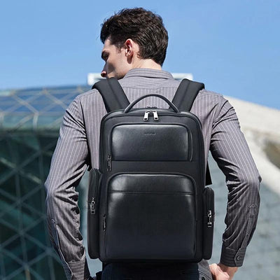 Large-Capacity Business Laptop Backpack With Usb & Type-C Port - First-Layer Cowhide Black