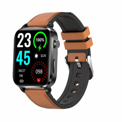 1.7 Inch Hd Square Screen Leather Strap Smart Watch Supports Body Temperature Monitoring / Blood Oxygen Monitoring - Black