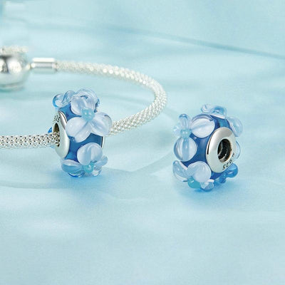 925 Sterling Silver Blue Flower Glass Bead Diy Jewelry