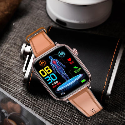 1.96 Inch Colour Screen Smart Watch Leather Strap Support Bluetooth Call / Ecg - Black