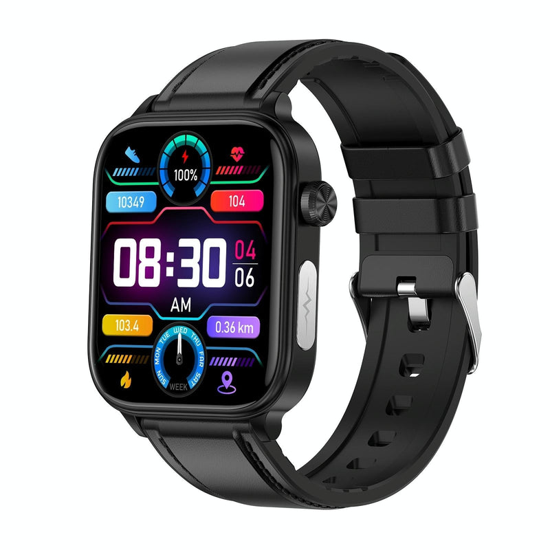 1.96 Inch Colour Screen Smart Watch Leather Strap Support Bluetooth Call / Ecg - Black