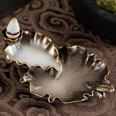 Bronze Lotus Leaf Inverted Incense Burner - Antique Indoor - Copper Colour