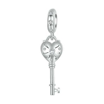 925 Sterling Silver Platinum Plated Heart Key Beaded Pendant