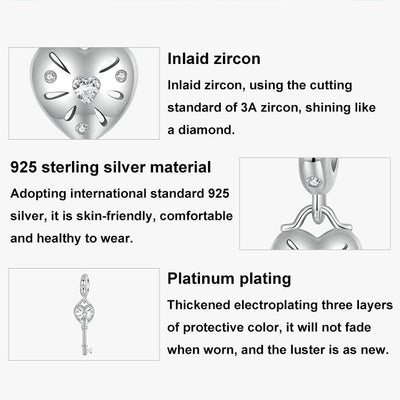 925 Sterling Silver Platinum Plated Heart Key Beaded Pendant