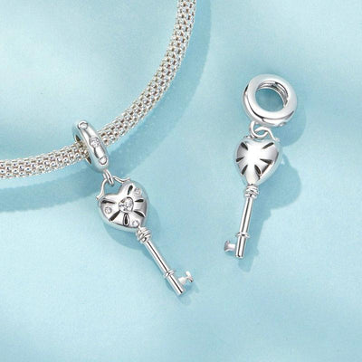 925 Sterling Silver Platinum Plated Heart Key Beaded Pendant