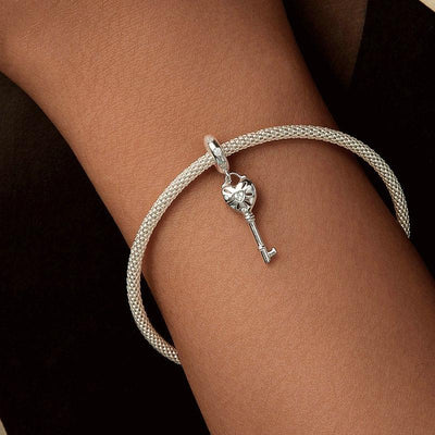 925 Sterling Silver Platinum Plated Heart Key Beaded Pendant