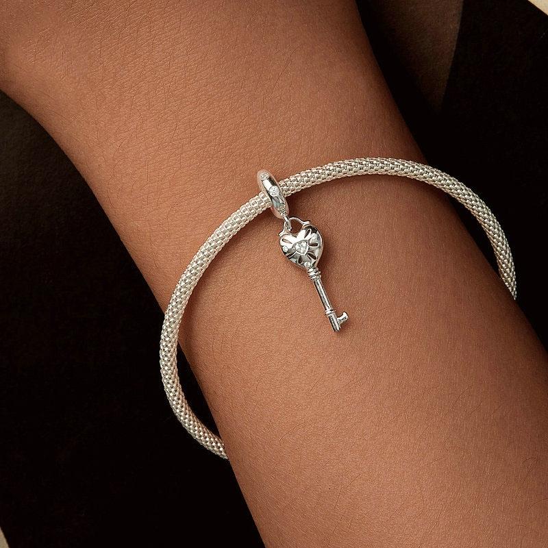 925 Sterling Silver Platinum Plated Heart Key Beaded Pendant