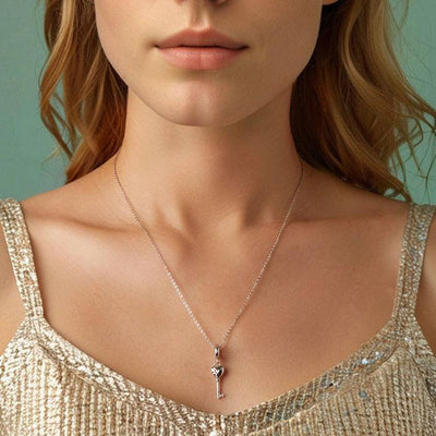925 Sterling Silver Platinum Plated Heart Key Beaded Pendant