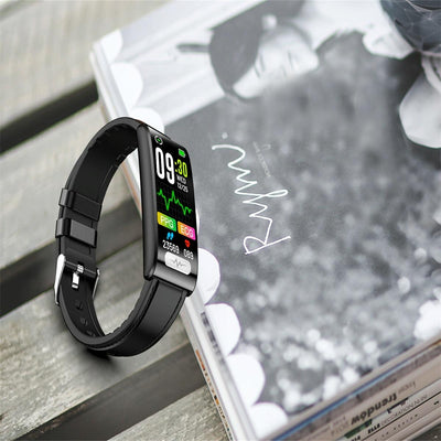 Health Monitoring Smart Leather Strap Watch With Colour Screen - Black