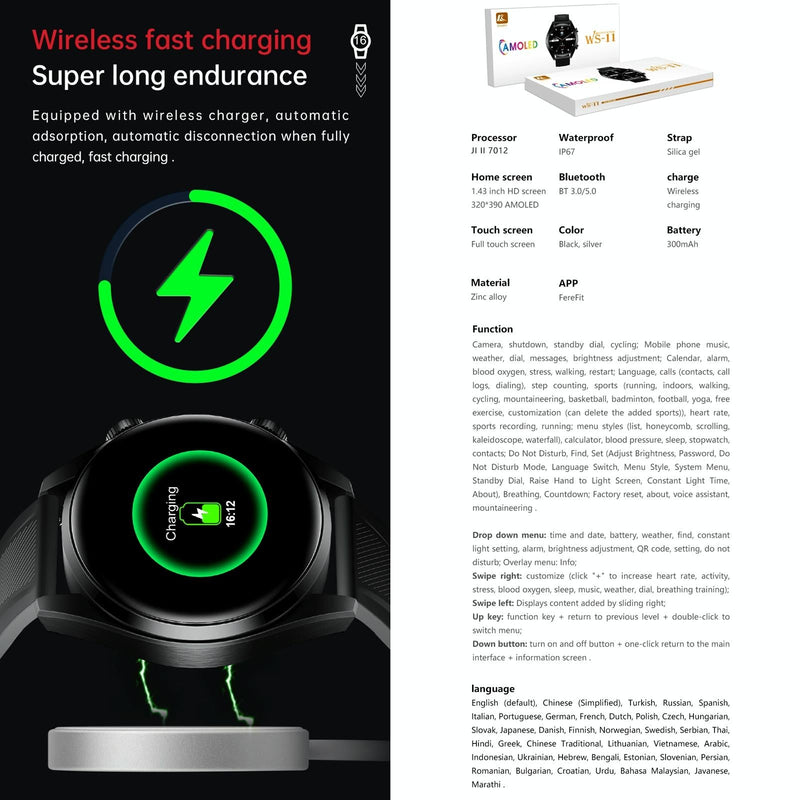 1.43 Inch Ip67 Sport Smart Watch Support Bluetooth Call / Sleep / Blood Oxygen / Heart Rate / Blood Pressure Health Monitor - Black