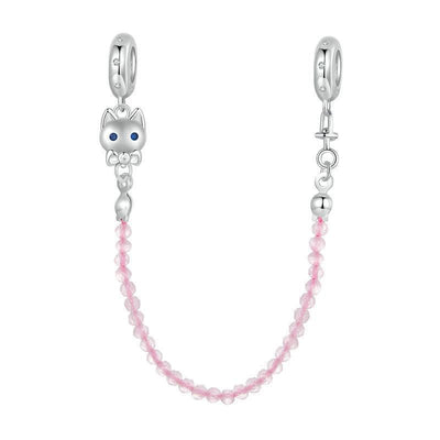 925 Sterling Silver Platinum Plated Cat Safety Chain Pendant