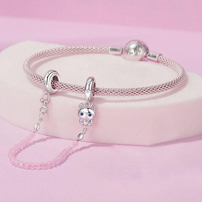 925 Sterling Silver Platinum Plated Cat Safety Chain Pendant