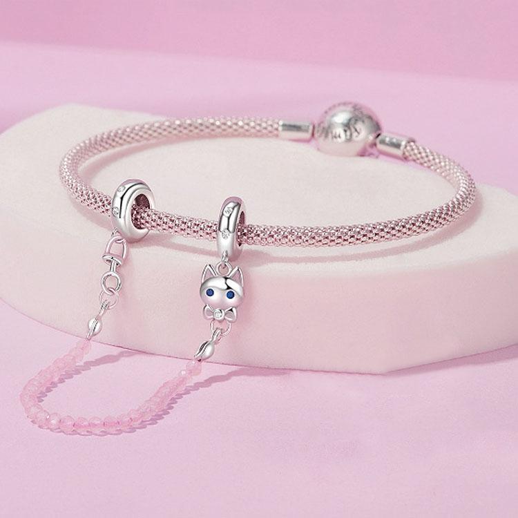 925 Sterling Silver Platinum Plated Cat Safety Chain Pendant