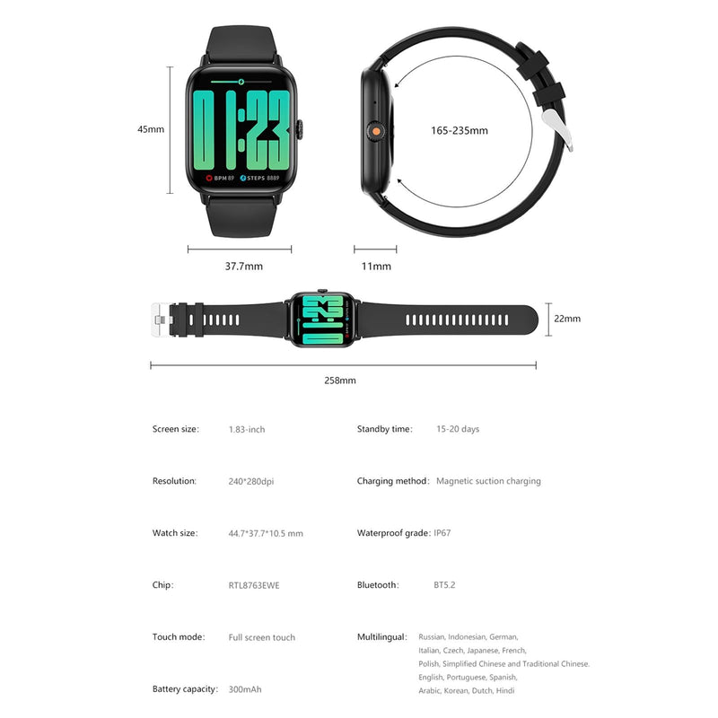 1.83 Inch Bt5.2 Smart Sport Watch Support Bluetooth Call / Sleep / Blood Sugar / Blood Oxygen / Heart Rate / Blood Pressure Health Monitor - Pink