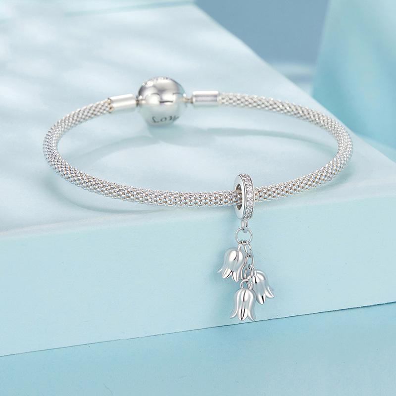 925 Sterling Silver Platinum Plated Lily Of The Valley Bracelet Pendant