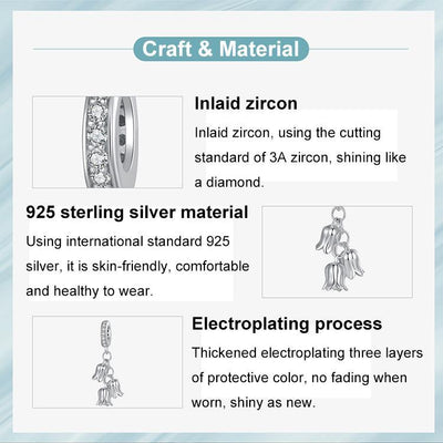 925 Sterling Silver Platinum Plated Lily Of The Valley Bracelet Pendant