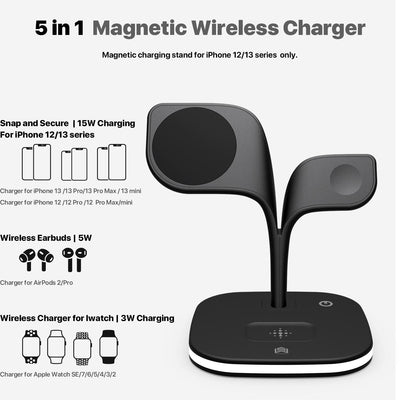 15W 5 In 1 Magnetic Wireless Charger With Stand - Black