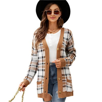 Autumn And Winter Female Diamond Loose Knitted Cardigan Jacquard Medium-Length Sweater Jacket - Black - S