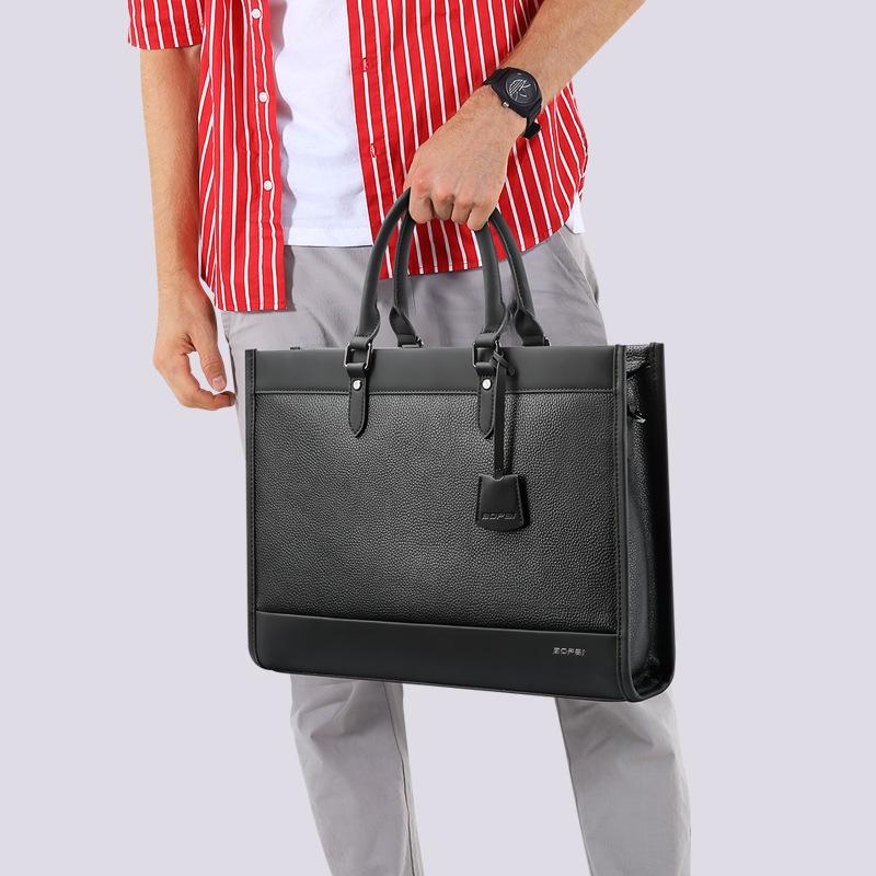 Large-Capacity Leather Laptop Messenger Briefcase In Black