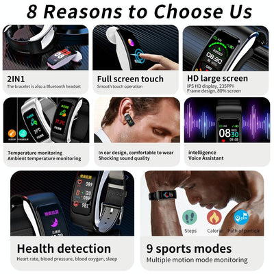 1.08 Inch Steel Band Earphone Detachable Life Waterproof Smart Watch Support Bluetooth Call - Black