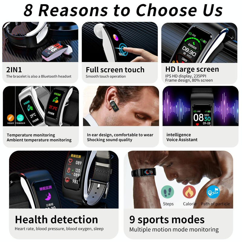 1.08 Inch Steel Band Earphone Detachable Life Waterproof Smart Watch Support Bluetooth Call - Black