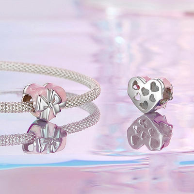 925 Sterling Silver Platinum Heart Bow Beads Gift Box