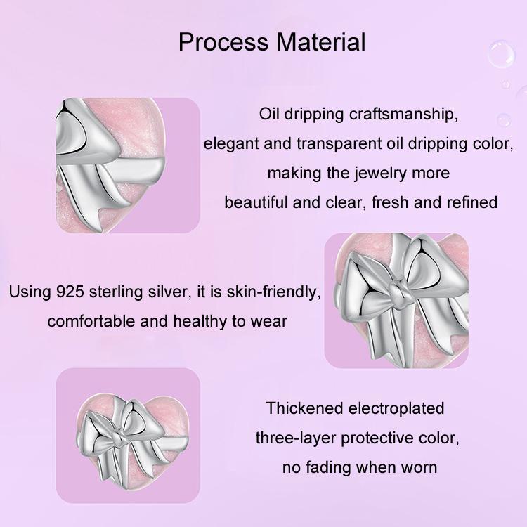 925 Sterling Silver Platinum Heart Bow Beads Gift Box