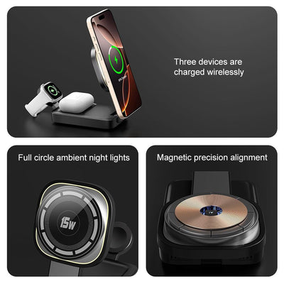 3 In 1 Magnetic Wireless Charger With Led Light - Black