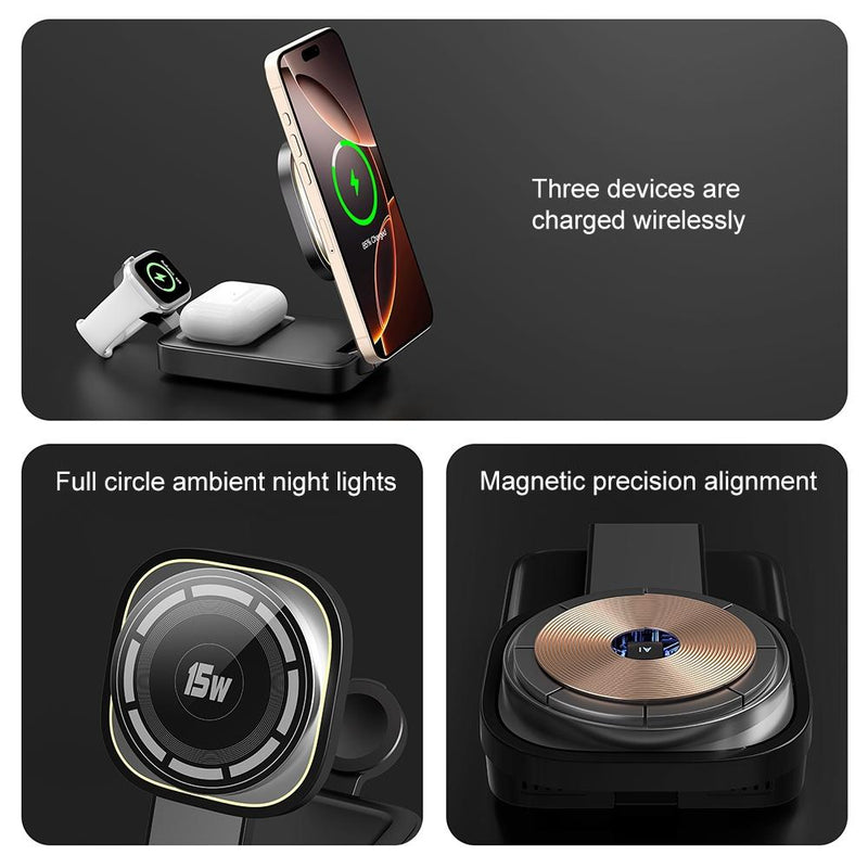 3 In 1 Magnetic Wireless Charger With Led Light - Black