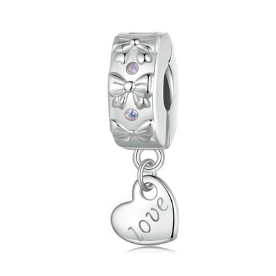 925 Sterling Silver Platinum Plated Bow Heart Bracelet With Beads