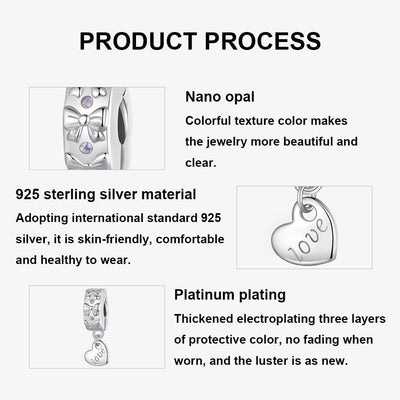 925 Sterling Silver Platinum Plated Bow Heart Bracelet With Beads