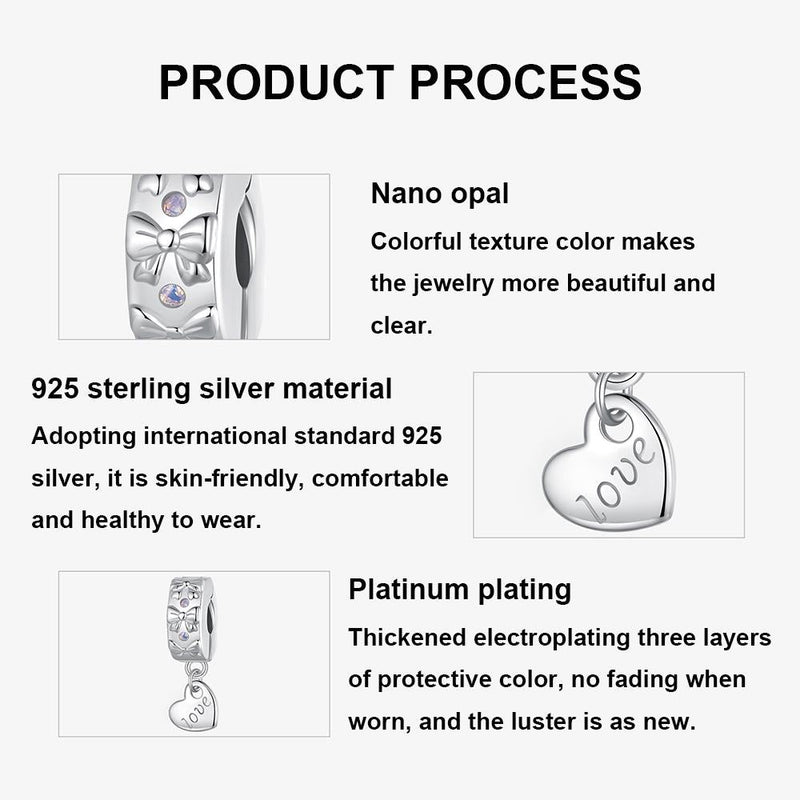 925 Sterling Silver Platinum Plated Bow Heart Bracelet With Beads