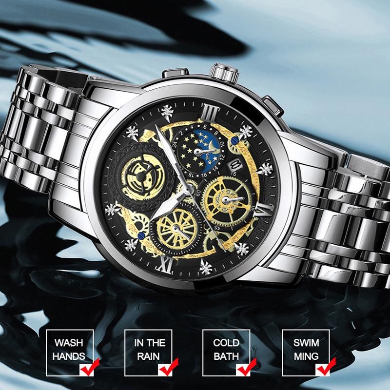 Waterproof Luminous Quartz Watch with Multifunctional Design - Full Gold Gold Surface