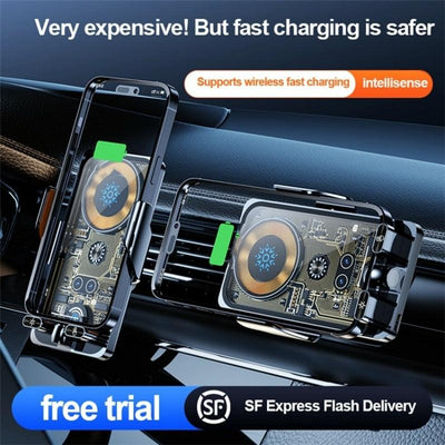 Wireless Car Charger with Infrared Sensor and Aluminum Bracket - Transparent Black