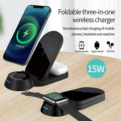 3 In 1 Foldable Wireless Charger For Smart Devices - Black