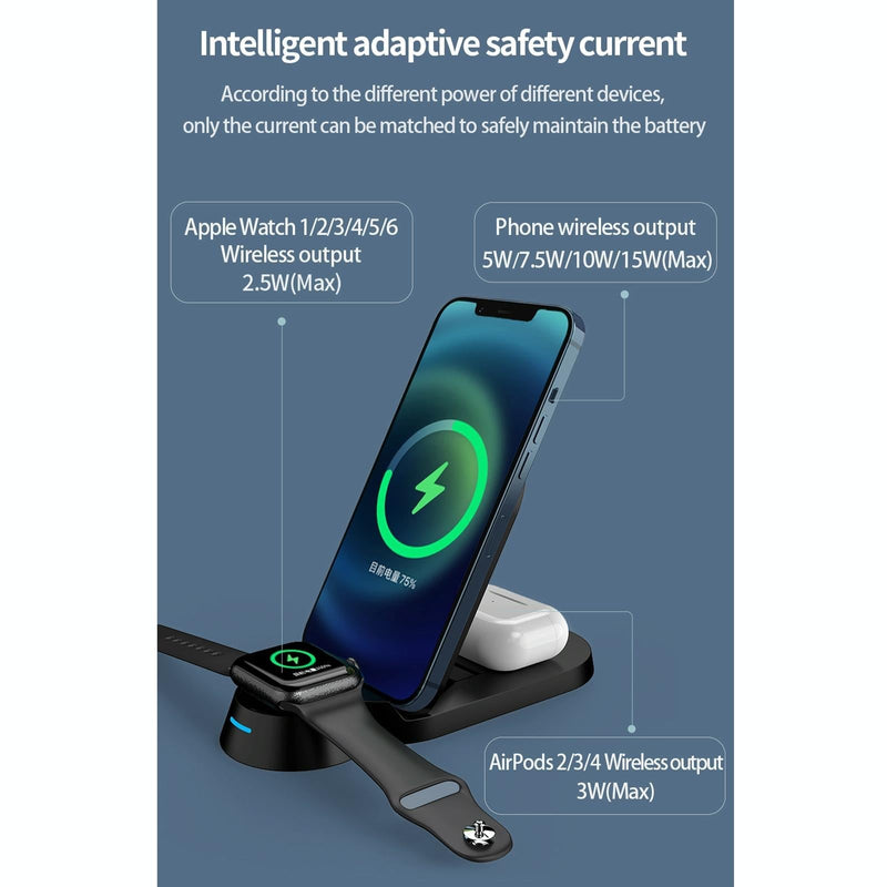 3 In 1 Foldable Wireless Charger For Smart Devices - Black