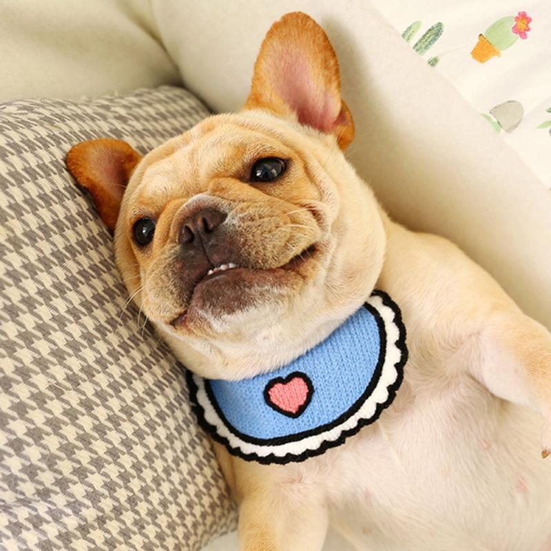 Dog Cat Saliva Towel Love Bib Pet Triangle Scarf Small Dog Collar - Size S - Blue