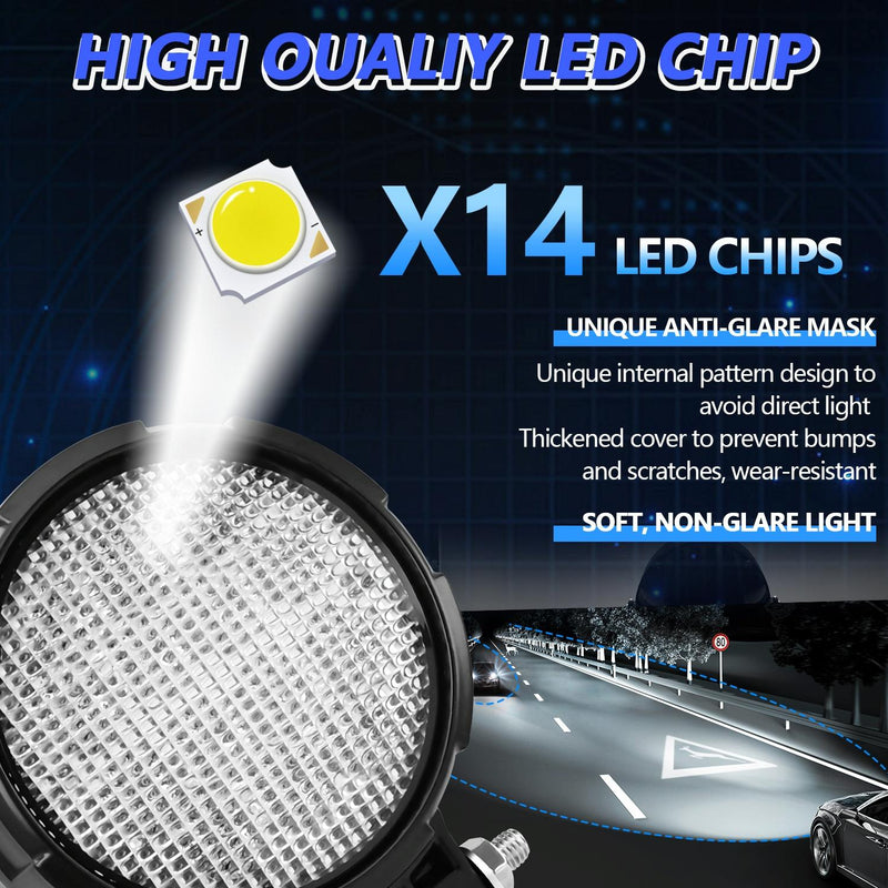 14W 9 - 30V Floodlight Mixed Luminous 4 Inch Round Work Light With Wire Set